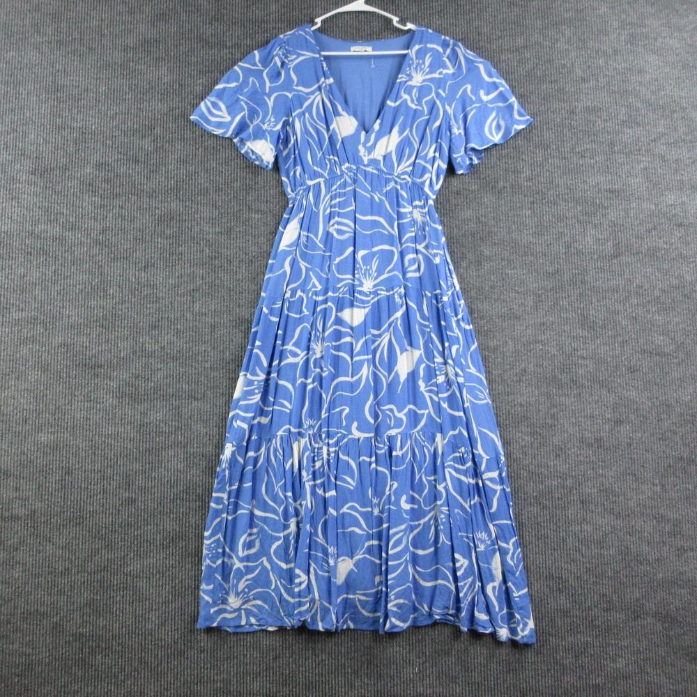 Z Supply Dress Womens M Blue Floral Maxi Rayon Lined V-Neck Flutter Sleeve